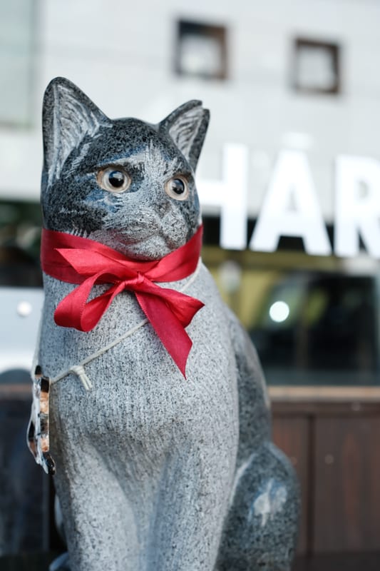 Stone Cat Adorned with Crimson Ribbon