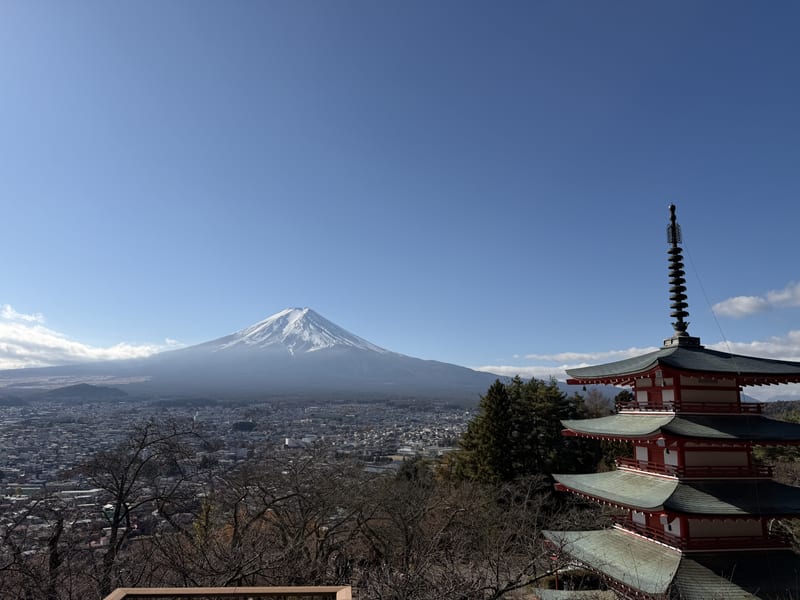 Mount Fuji and Red Pagoda in Spring